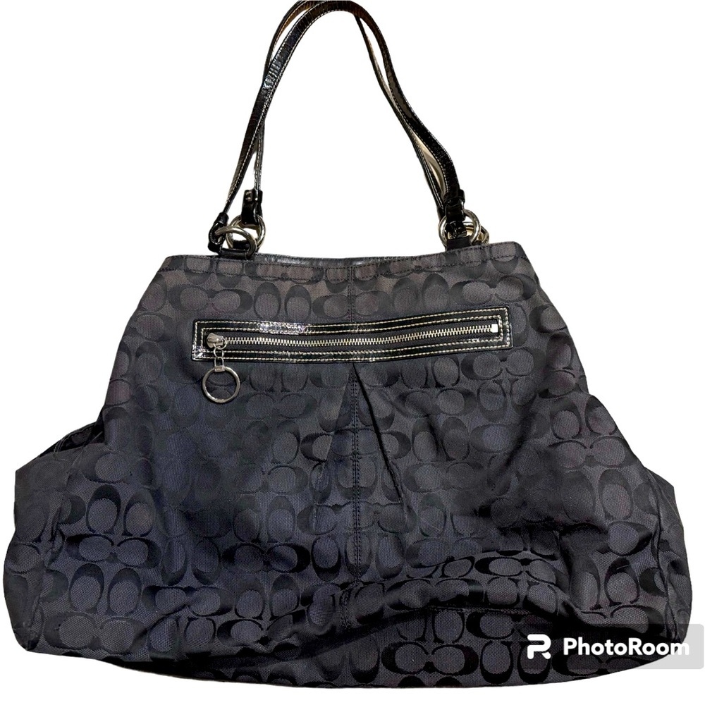 🛍❤️‍🔥 COACH black Signature Monogram Handbag Patent Leather Handle Large Tote